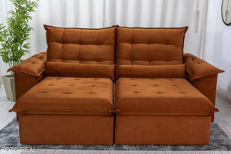 Sofá Retrátil Reclinável Emanuelly 2.30m Veludo Terracota 24 – D28 Soft
