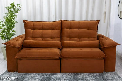 Sofá Retrátil Reclinável Emanuelly 2.30m Veludo Terracota 24 – D28 Soft