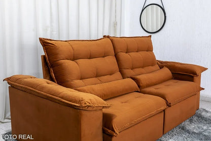 Sofá Retrátil Reclinável Emanuelly 2.30m Veludo Terracota 24 – D28 Soft