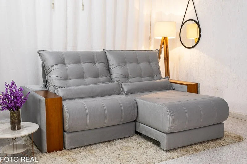 Sofá Retrátil Reclinável Gênova 2.30m Veludo Prata 823 – Molas Ensacadas