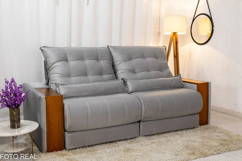Sofá Retrátil Reclinável Gênova 2.30m Veludo Prata 823 – Molas Ensacadas