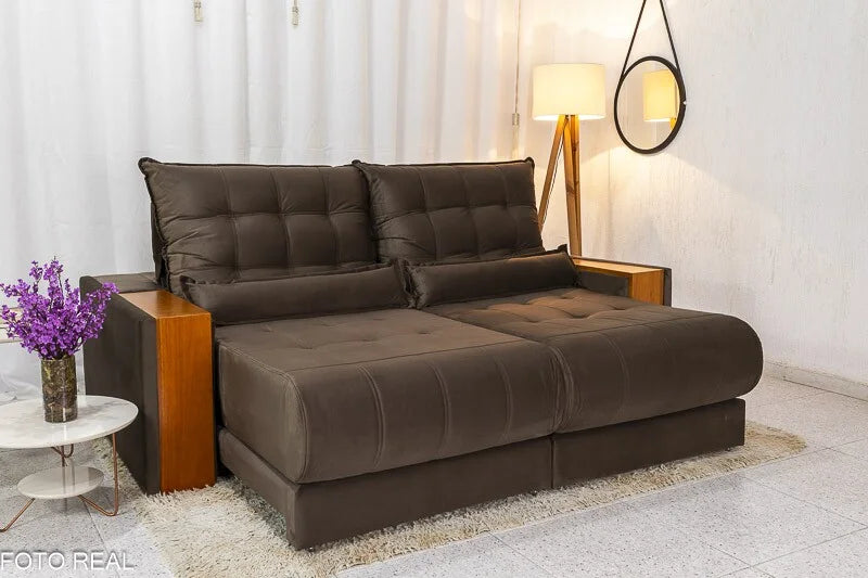 Sofá Retrátil Reclinável Gênova 2.30m Veludo Marrom 815 – Molas Ensacadas