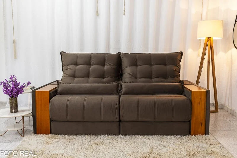Sofá Retrátil Reclinável Gênova 2.30m Veludo Marrom 815 – Molas Ensacadas