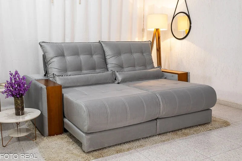 Sofá Retrátil Reclinável Gênova 2.50m Veludo Prata 823 – Molas Ensacadas
