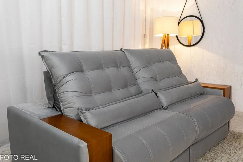 Sofá Retrátil Reclinável Gênova 2.50m Veludo Prata 823 – Molas Ensacadas