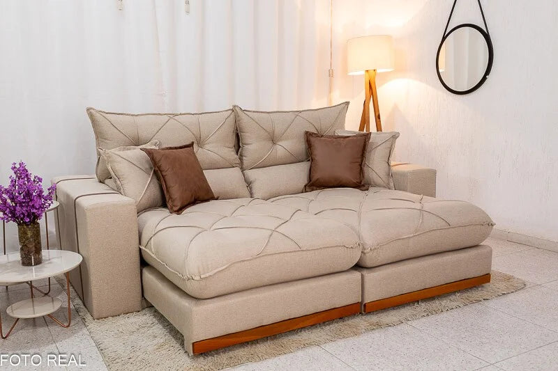 Sofá Retrátil Reclinável Gran Bello 2.50m Linho Bege – Molas Ensacadas