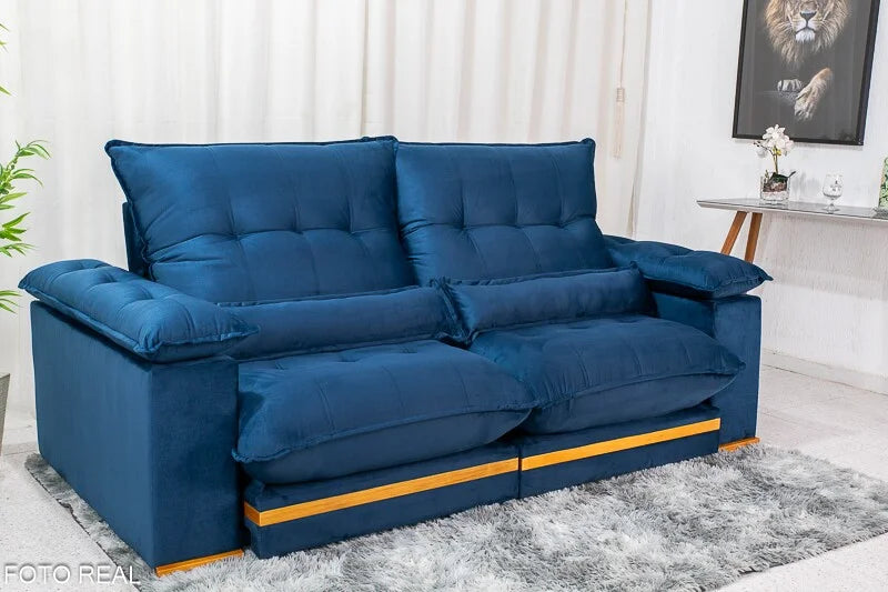 Sofá Retrátil Reclinável Ibis 2.50m Veludo Azul 800 – D33 e Molas Ensacadas