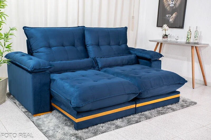 Sofá Retrátil Reclinável Ibis 2.50m Veludo Azul 800 – D33 e Molas Ensacadas
