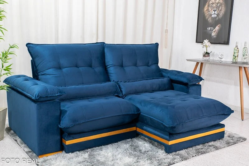 Sofá Retrátil Reclinável Ibis 2.50m Veludo Azul 800 – D33 e Molas Ensacadas
