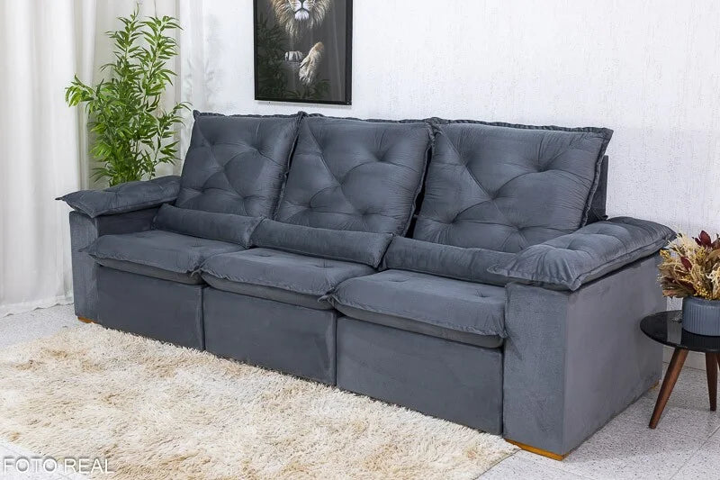 Sofá Retrátil Reclinável Roma 2.70m Veludo Cinza 20 – D28 Soft