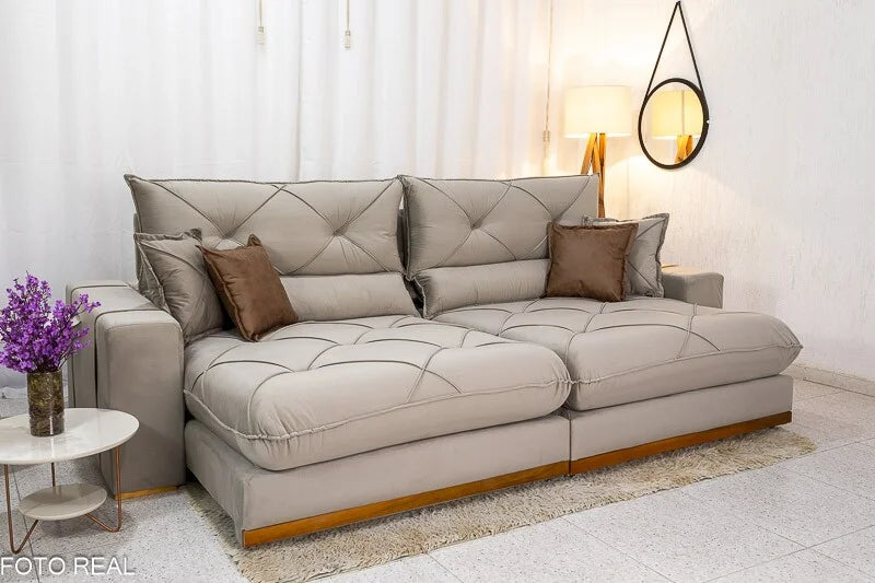 Sofá Retrátil Reclinável Gran Bello 2.90m Veludo Capuccino 02 – Molas Ensacadas