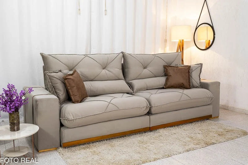 Sofá Retrátil Reclinável Gran Bello 2.90m Veludo Capuccino 02 – Molas Ensacadas