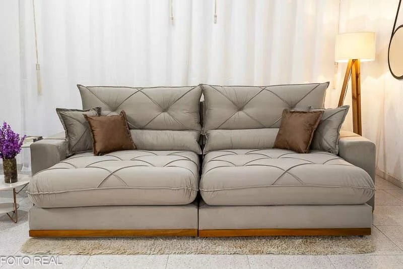 Sofá Retrátil Reclinável Gran Bello 2.90m Veludo Capuccino 02 – Molas Ensacadas