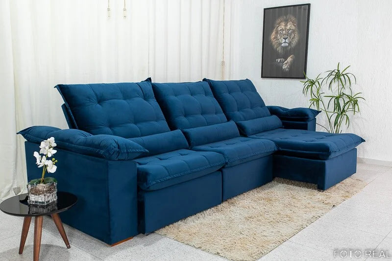 Sofá Retrátil Reclinável Emanuelly 3.20m Veludo Azul 03 – D28 Soft