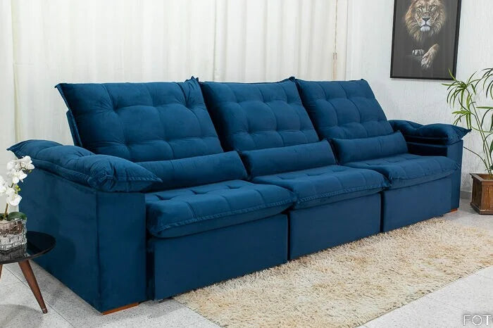 Sofá Retrátil Reclinável Emanuelly 3.20m Veludo Azul 03 – D28 Soft