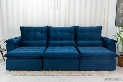 Sofá Retrátil Reclinável Emanuelly 3.20m Veludo Azul 03 – D28 Soft