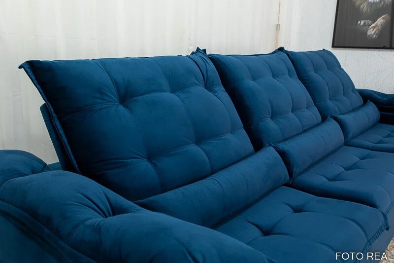 Sofá Retrátil Reclinável Emanuelly 3.20m Veludo Azul 03 – D28 Soft