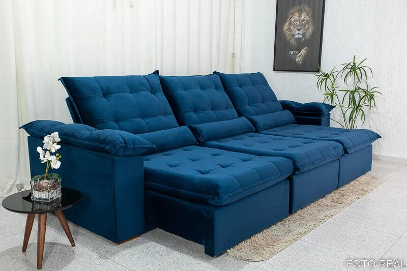 Sofá Retrátil Reclinável Emanuelly 3.20m Veludo Azul 03 – D28 Soft