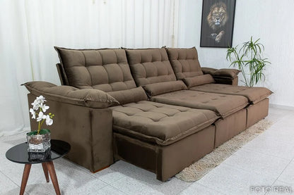Sofá Retrátil Reclinável Emanuelly 3.20m Veludo Marrom 19 – D28 Soft