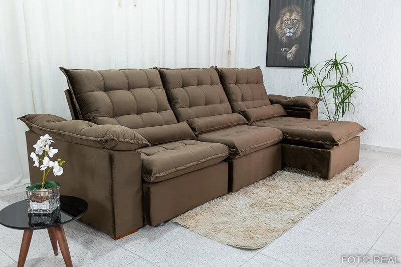 Sofá Retrátil Reclinável Emanuelly 3.20m Veludo Marrom 19 – D28 Soft
