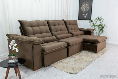 Sofá Retrátil Reclinável Emanuelly 3.20m Veludo Marrom 19 – D28 Soft