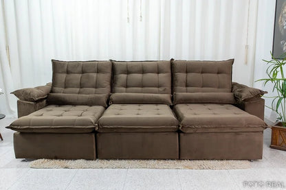 Sofá Retrátil Reclinável Emanuelly 3.20m Veludo Marrom 19 – D28 Soft