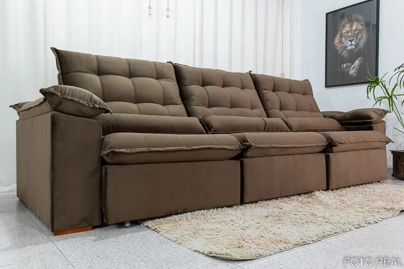 Sofá Retrátil Reclinável Emanuelly 3.20m Veludo Marrom 19 – D28 Soft