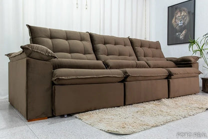 Sofá Retrátil Reclinável Emanuelly 3.20m Veludo Marrom 19 – D28 Soft