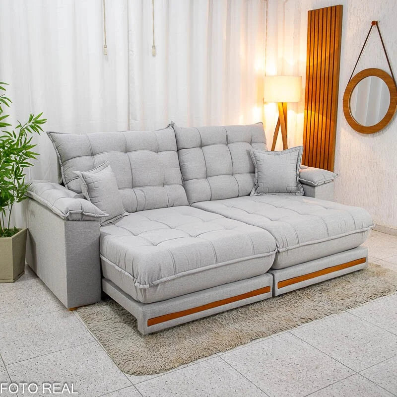 Sofá Retrátil Reclinável Barcelona 2.30m Linho Cinza Claro 461 C/ 2 Almofadas – D33 e Molas Ensacadas Pocket