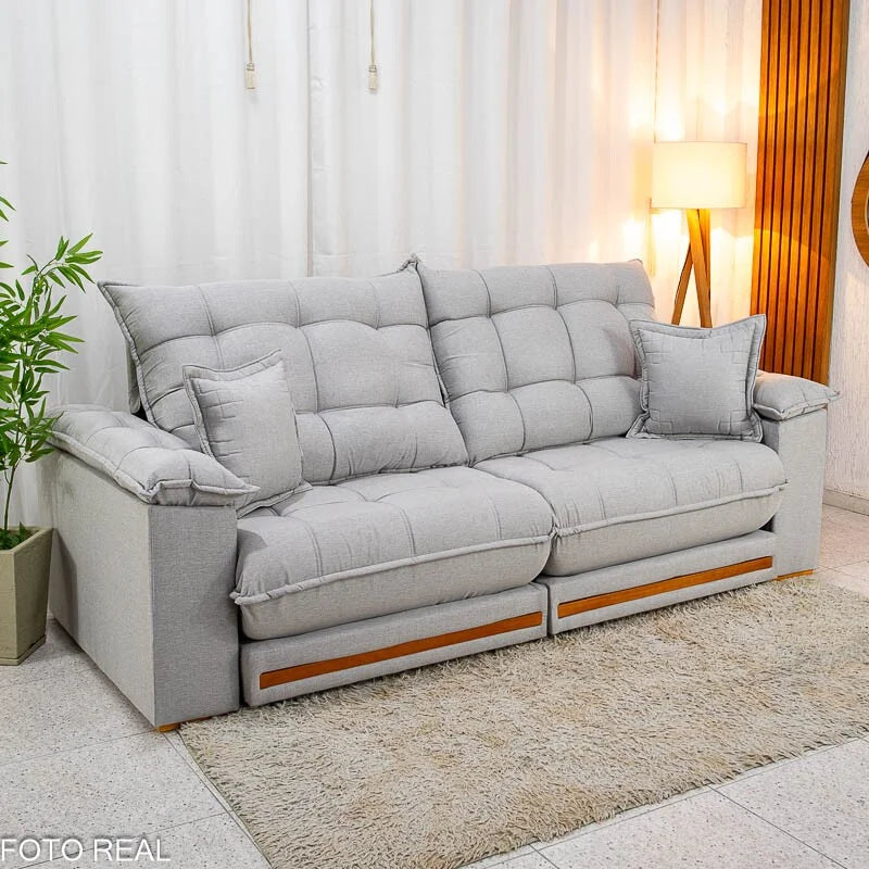 Sofá Retrátil Reclinável Barcelona 2.30m Linho Cinza Claro 461 C/ 2 Almofadas – D33 e Molas Ensacadas Pocket