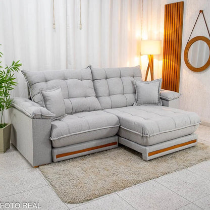 Sofá Retrátil Reclinável Barcelona 2.30m Linho Cinza Claro 461 C/ 2 Almofadas – D33 e Molas Ensacadas Pocket