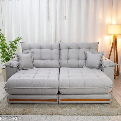 Sofá Retrátil Reclinável Barcelona 2.30m Linho Cinza Claro 461 C/ 2 Almofadas – D33 e Molas Ensacadas Pocket