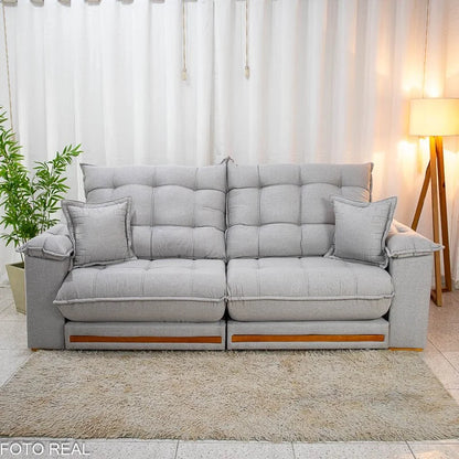 Sofá Retrátil Reclinável Barcelona 2.30m Linho Cinza Claro 461 C/ 2 Almofadas – D33 e Molas Ensacadas Pocket