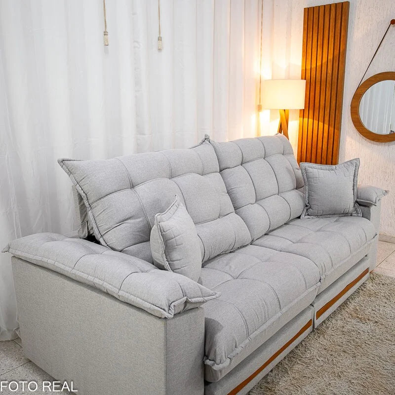 Sofá Retrátil Reclinável Barcelona 2.30m Linho Cinza Claro 461 C/ 2 Almofadas – D33 e Molas Ensacadas Pocket