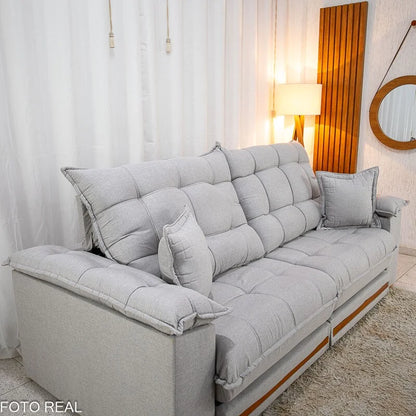 Sofá Retrátil Reclinável Barcelona 2.30m Linho Cinza Claro 461 C/ 2 Almofadas – D33 e Molas Ensacadas Pocket