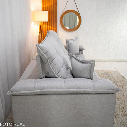 Sofá Retrátil Reclinável Barcelona 2.30m Linho Cinza Claro 461 C/ 2 Almofadas – D33 e Molas Ensacadas Pocket