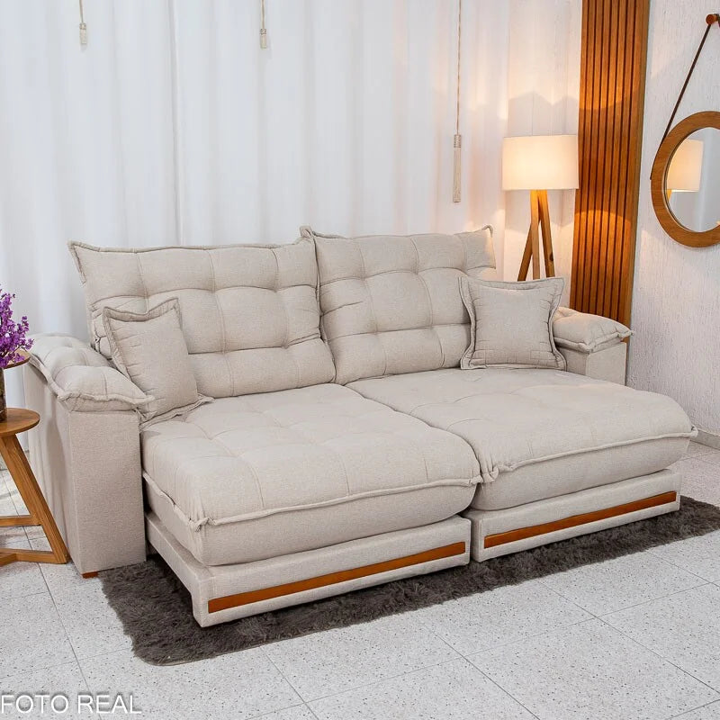 Sofá Retrátil Reclinável Barcelona 2.50m Linho Bege 459 C/ 2 Almofadas – D33 e Molas Ensacadas Pocket
