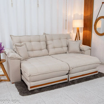 Sofá Retrátil Reclinável Barcelona 2.50m Linho Bege 459 C/ 2 Almofadas – D33 e Molas Ensacadas Pocket