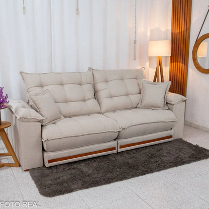 Sofá Retrátil Reclinável Barcelona 2.50m Linho Bege 459 C/ 2 Almofadas – D33 e Molas Ensacadas Pocket