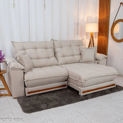 Sofá Retrátil Reclinável Barcelona 2.50m Linho Bege 459 C/ 2 Almofadas – D33 e Molas Ensacadas Pocket