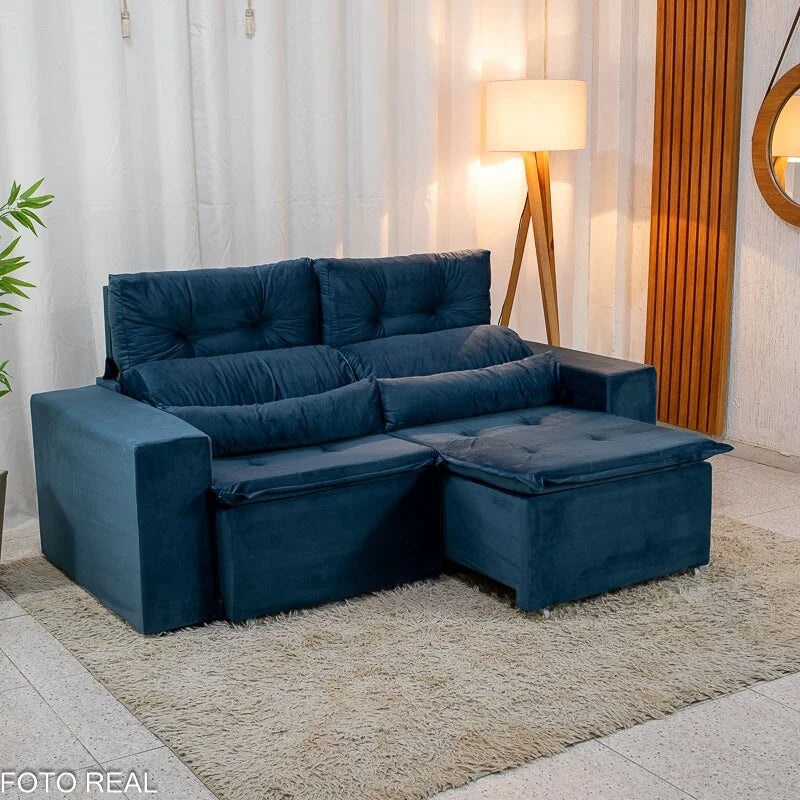 Sofá Retrátil Reclinável Bia 1.95m Veludo Azul – D28