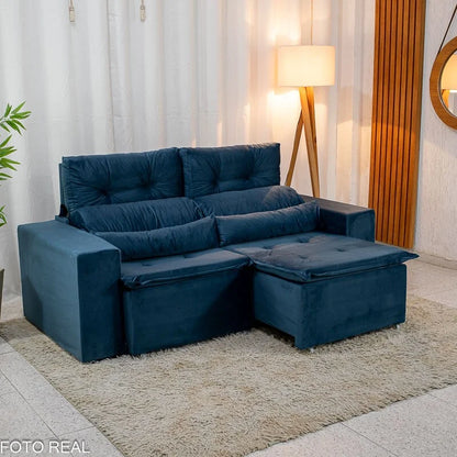 Sofá Retrátil Reclinável Bia 1.95m Veludo Azul – D28