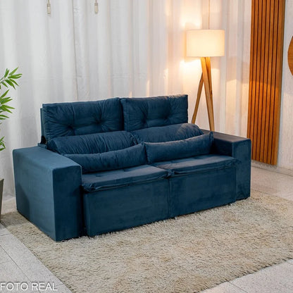 Sofá Retrátil Reclinável Bia 1.95m Veludo Azul – D28