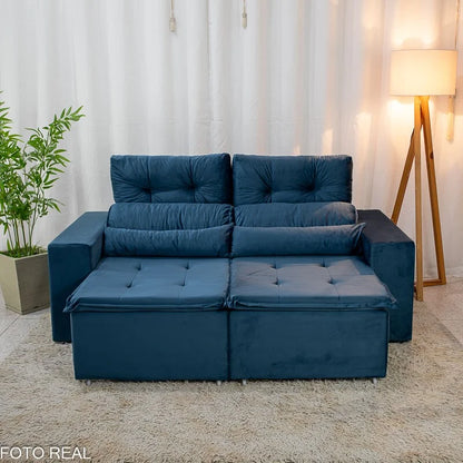 Sofá Retrátil Reclinável Bia 1.95m Veludo Azul – D28