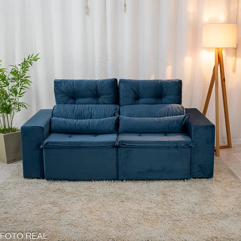 Sofá Retrátil Reclinável Bia 1.95m Veludo Azul – D28