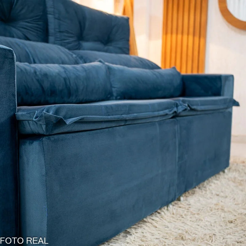 Sofá Retrátil Reclinável Bia 1.95m Veludo Azul – D28