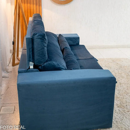 Sofá Retrátil Reclinável Bia 1.95m Veludo Azul – D28