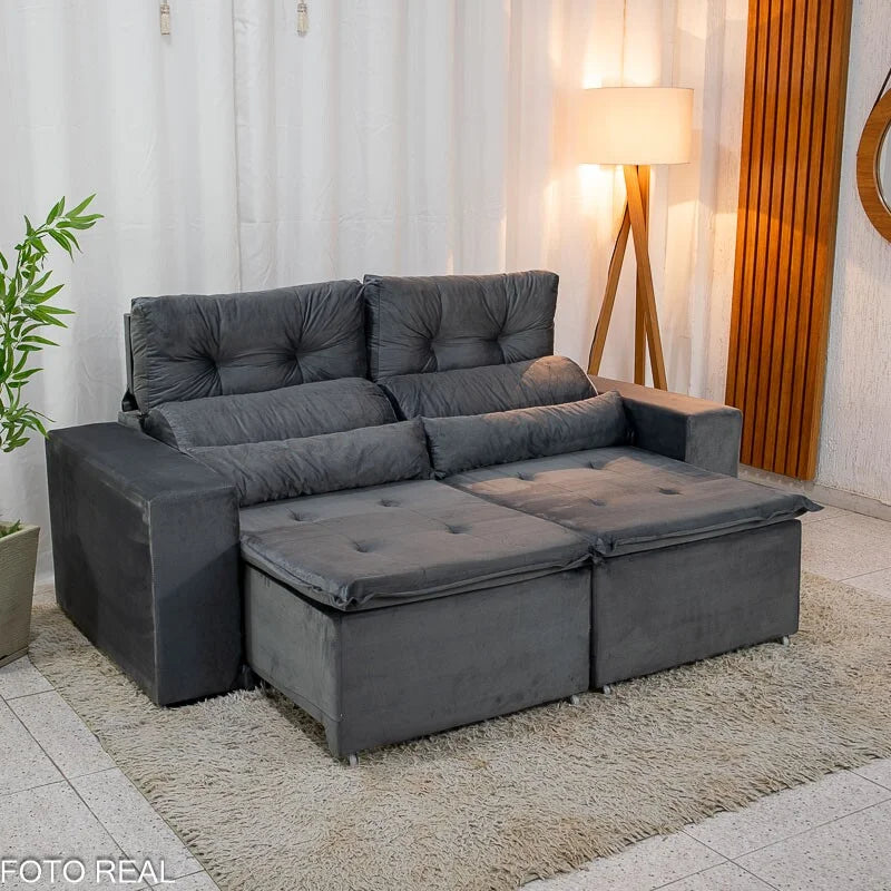 Sofá Retrátil Reclinável Bia 1.95m Veludo Cinza – D28