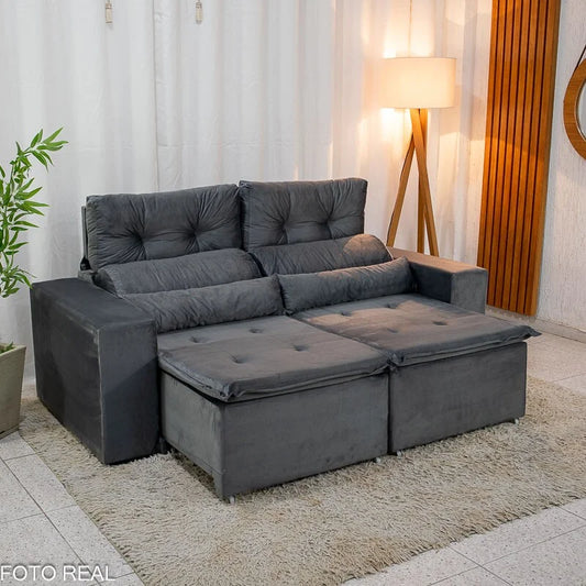 Sofá Retrátil Reclinável Bia 1.95m Veludo Cinza – D28
