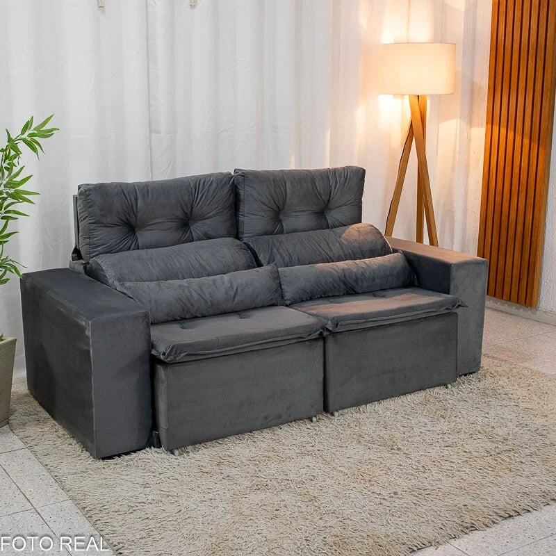 Sofá Retrátil Reclinável Bia 1.95m Veludo Cinza – D28